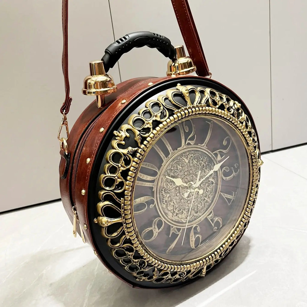 Vintage Clock-Shaped PU Leather Crossbody Handbag