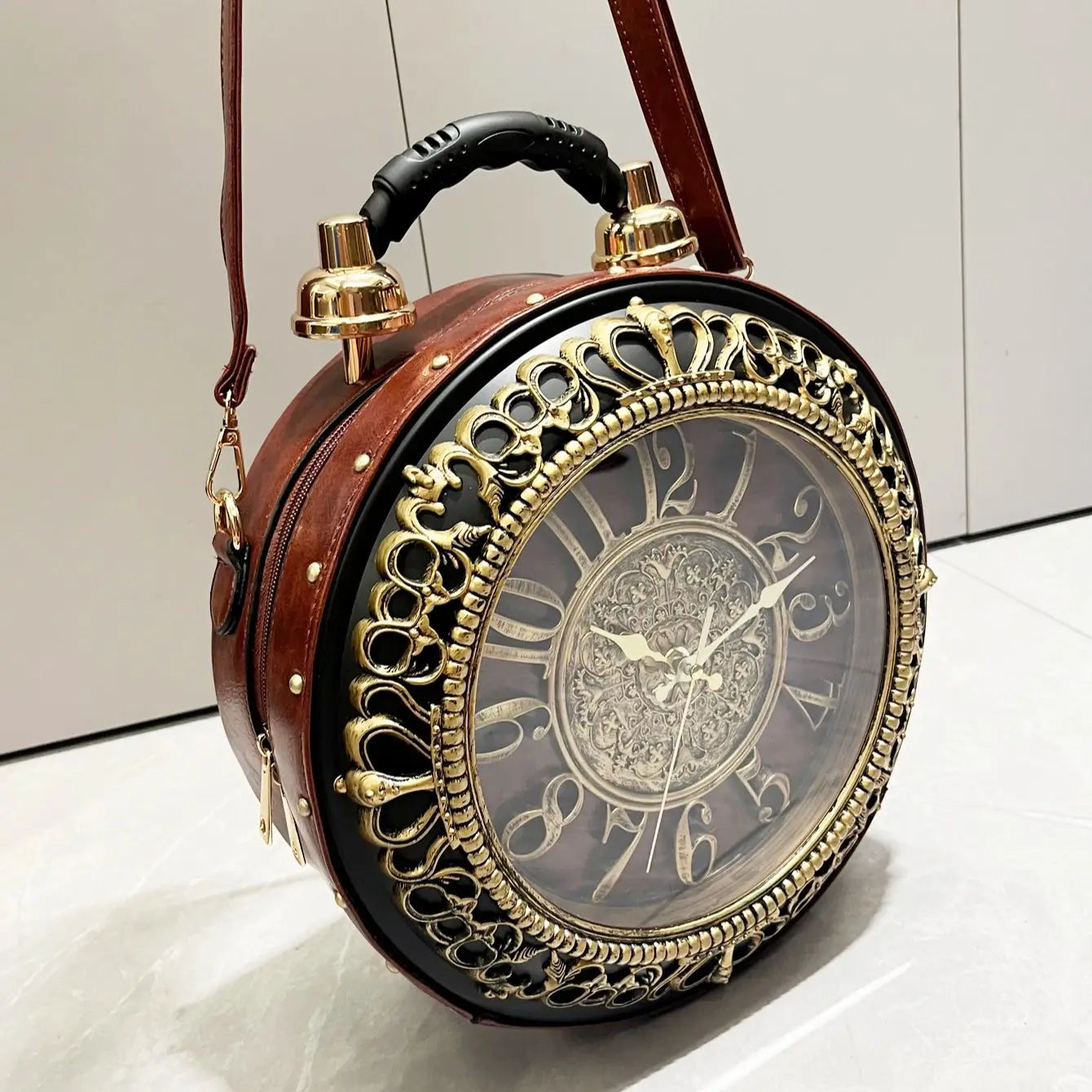 Vintage Clock-Shaped PU Leather Crossbody Handbag
