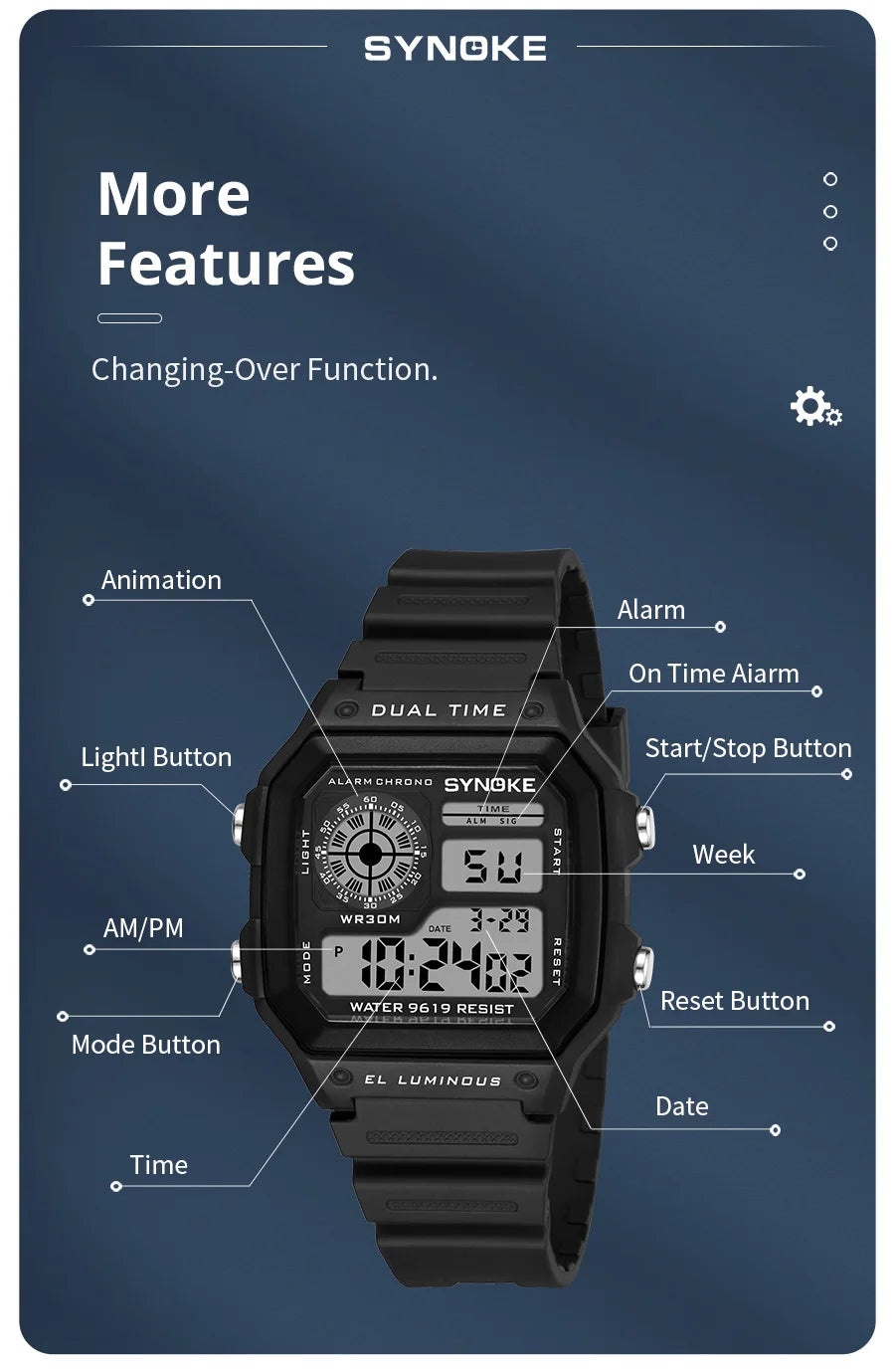 SYNOKE Men's Military Digital Sports Watch | Waterproof Chronograph with EL Luminous Display & Square Rubber Case