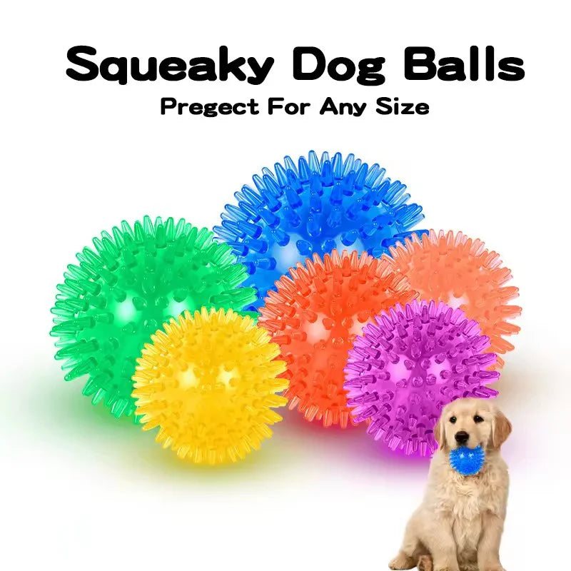 Durable squeaky spiked dog ball for teeth cleaning and play.
