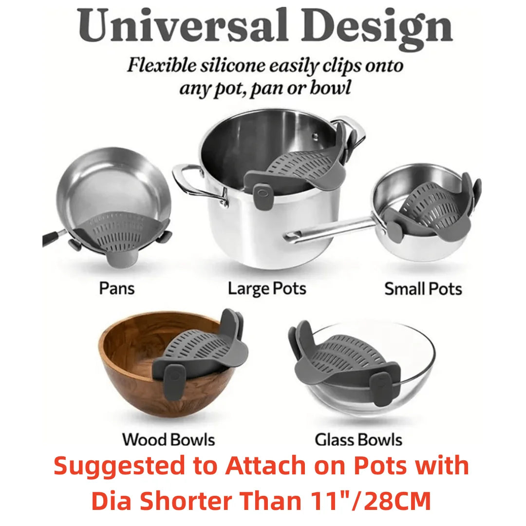 Snap-On Silicone Pot Strainer | Universal Adjustable Clip-On Food Strainer for Pots, Pans & Bowls