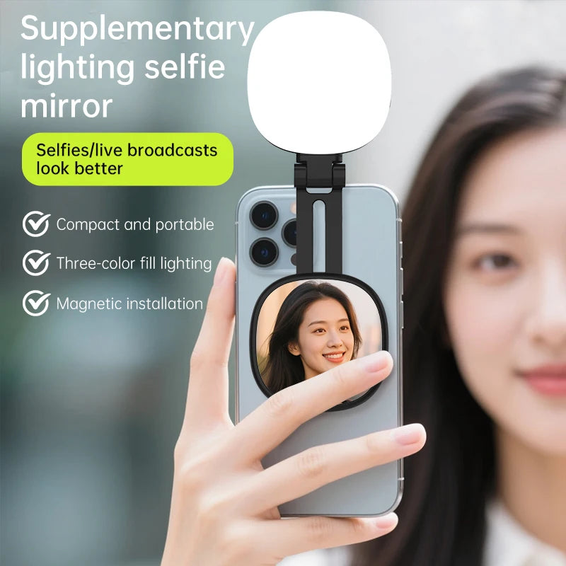 Magnetic Multi-functional Mobile Phone Selfie Mirror | Mini LED Fill Light & Reversible Bracket
