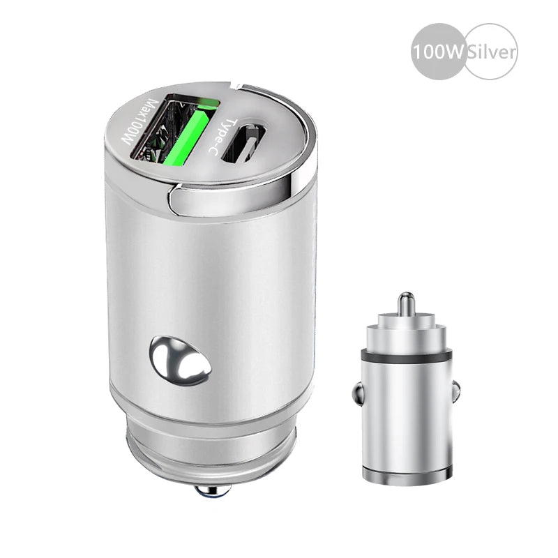 Mini 100W Car Charger – Dual USB & Type-C Ultra-Fast Charging
