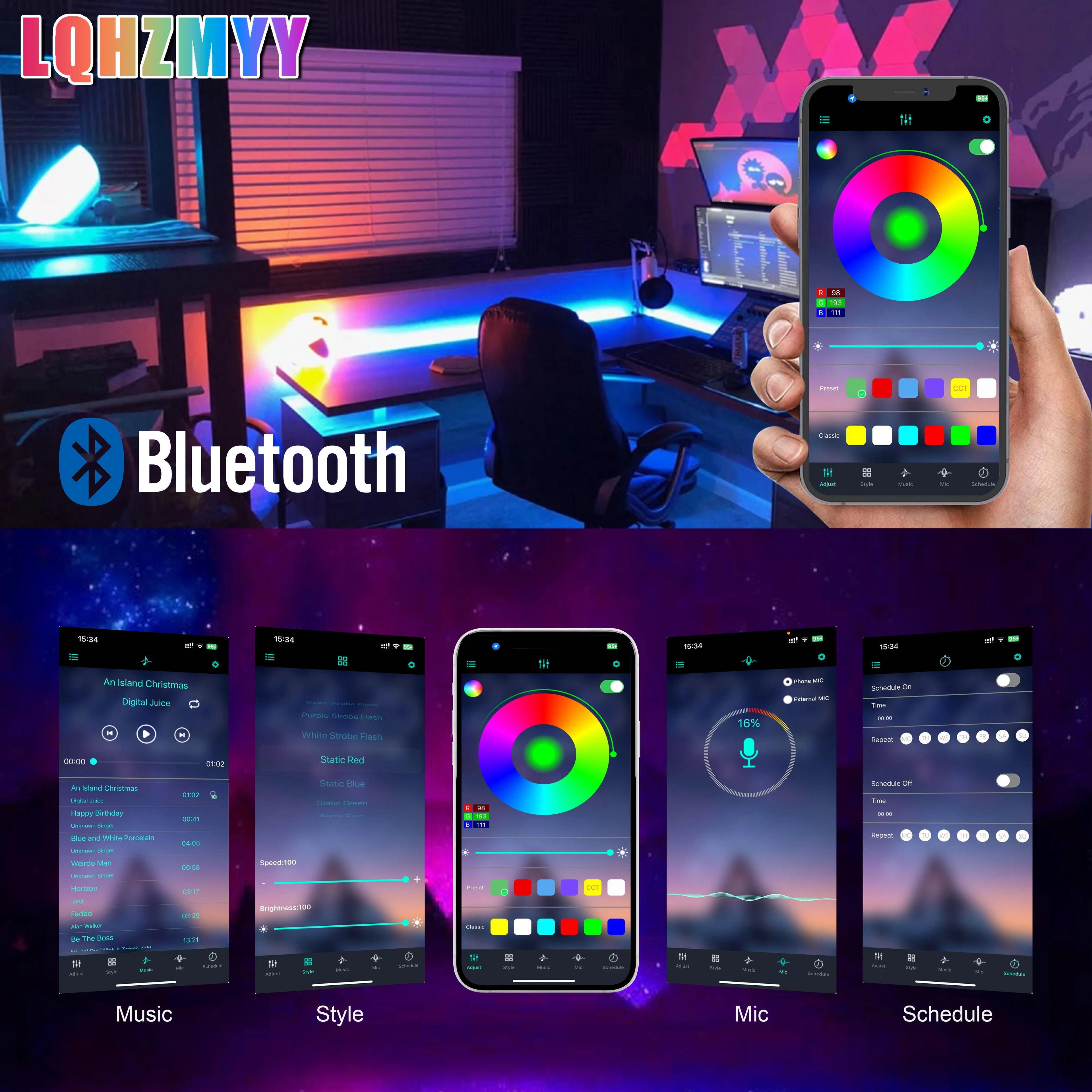 LQHZMYY 5V USB Smart RGB 5050 LED Light Strip | Color-Changing Light Strip with App & 24-Key Remote Control