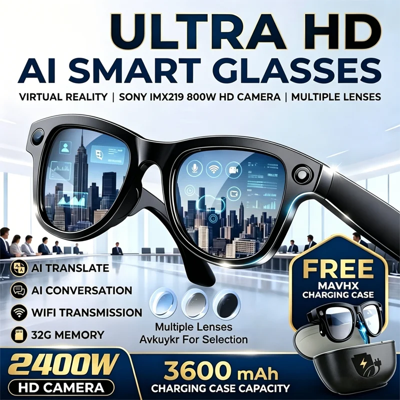 AI Smart Glasses with 1080P HD Camera | ChatGPT AI Voice, Bluetooth Calling & 3600mAh Charging Case
