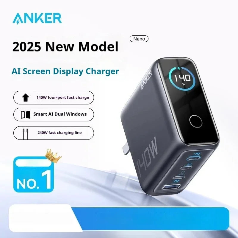 Anker Zolo 140W GaN Fast Charger | Four-Port Wall Adapter with AI Smart Display Screen