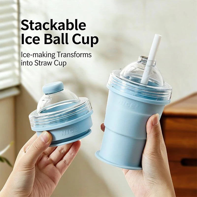 Portable 2-in-1 Folding Silicone Ice Ball Cup | Collapsible Ice Sphere Mold Water Bottle with Straw Lid