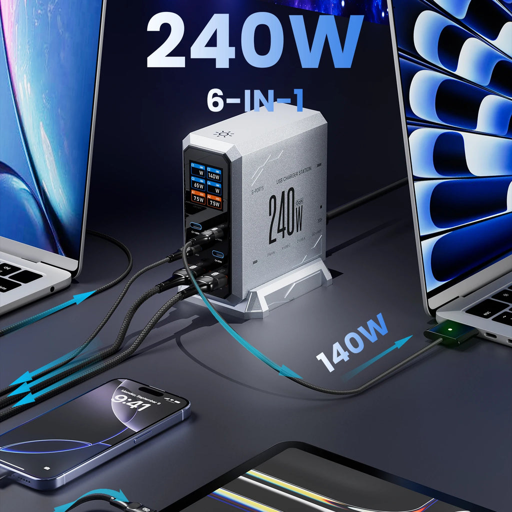 ASOMETECH 240W GaN Desktop Charging Station | 6-in-1 Multi-Port Charger with 140W PD 3.1, PPS & Digital Display