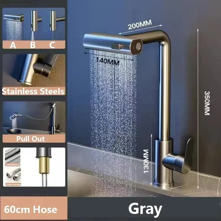 Waterfall Kitchen Pull-Out Faucet 3-Mode Flexible Sink Mixer Tap Stainless Steel