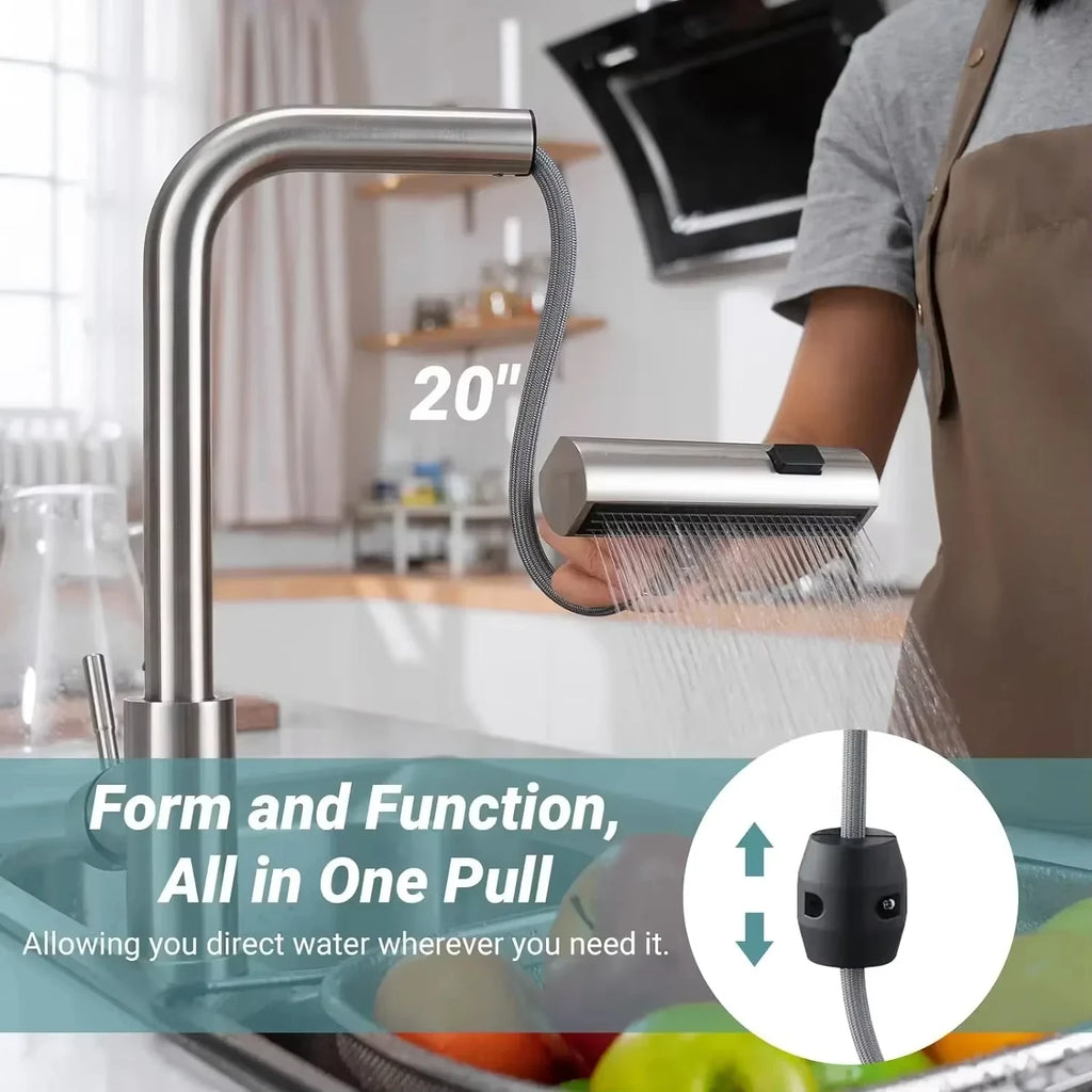 Waterfall Kitchen Pull-Out Faucet 3-Mode Flexible Sink Mixer Tap Stainless Steel