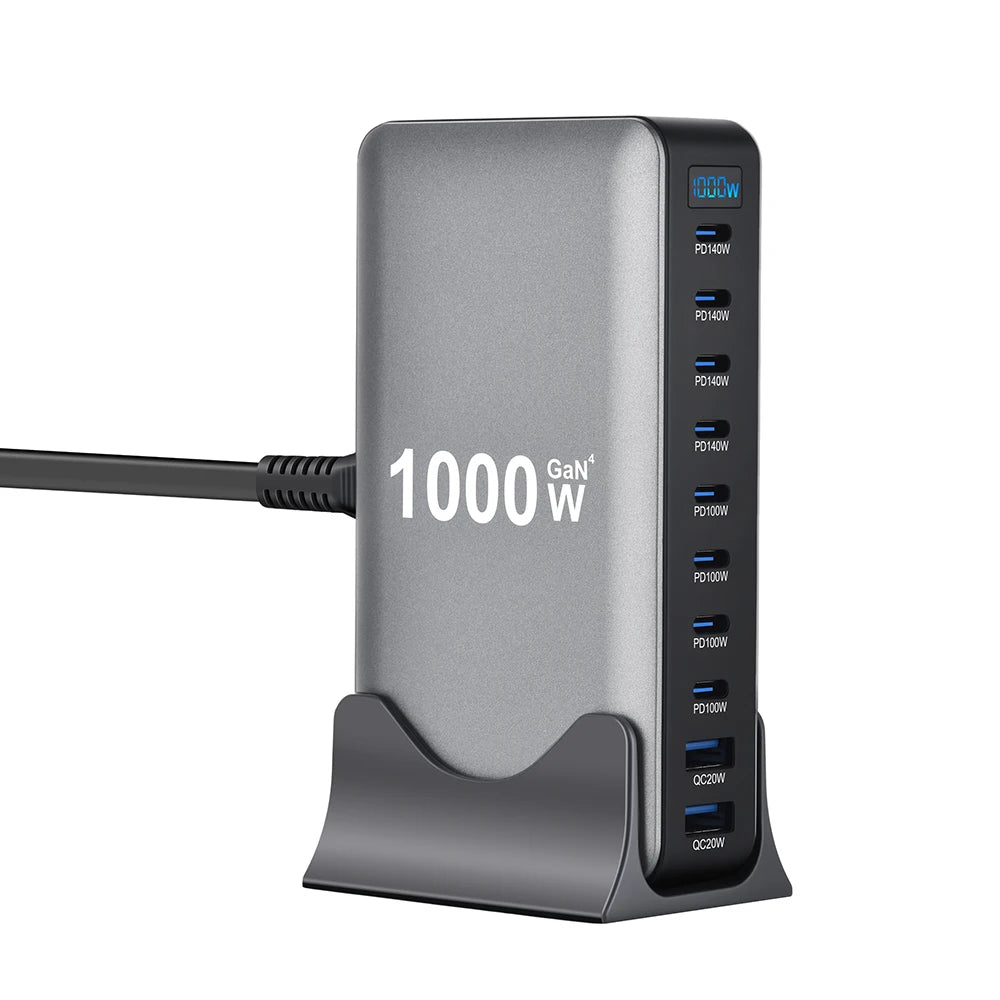 1000W GaN Desktop Charging Station | 10-Port USB-C & USB-A Fast Charger with PD 3.1 & PPS for Laptops, Tablets & Smartphones