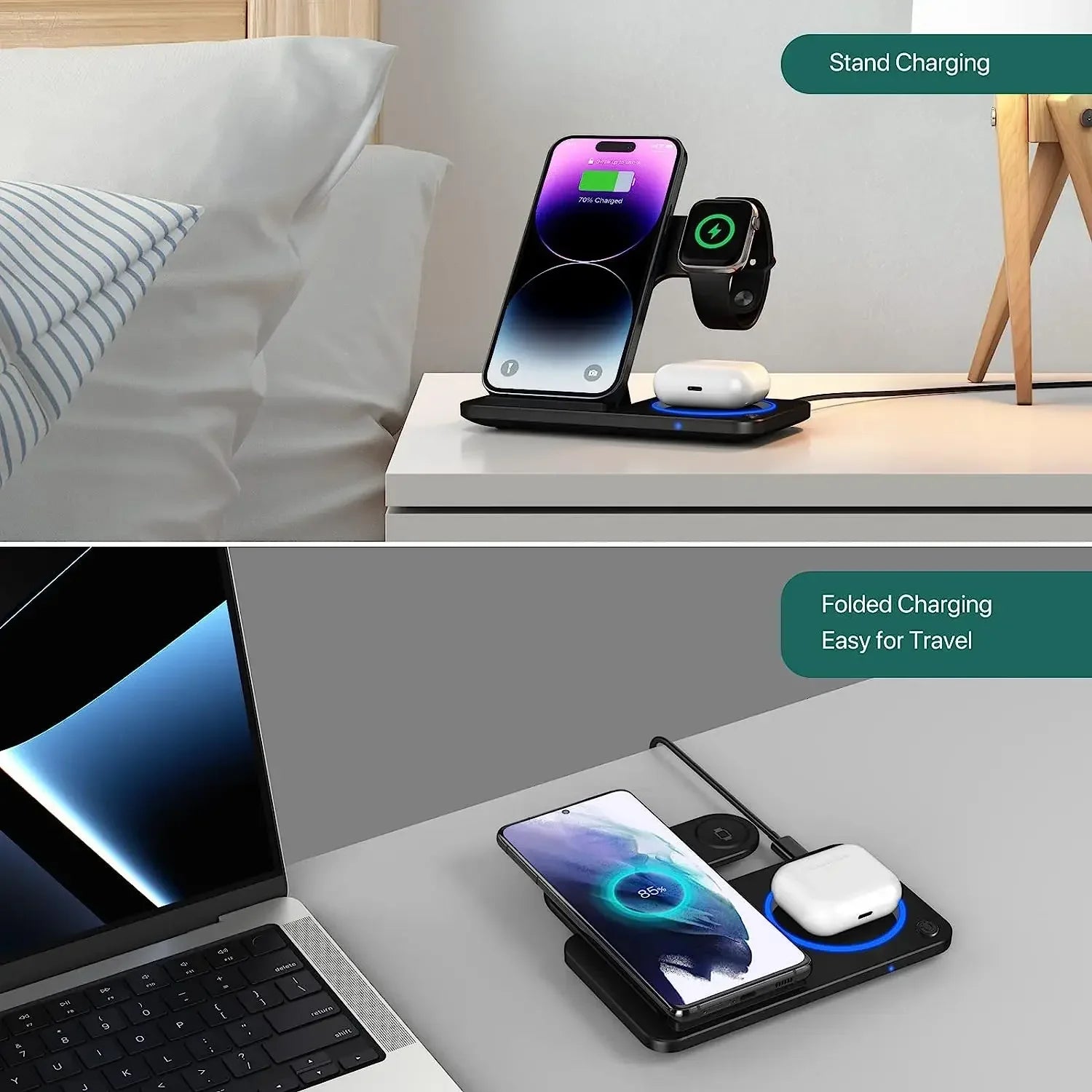 Foldable 30W 3‑in‑1 Wireless Charger for iPhone, Apple Watch & AirPods