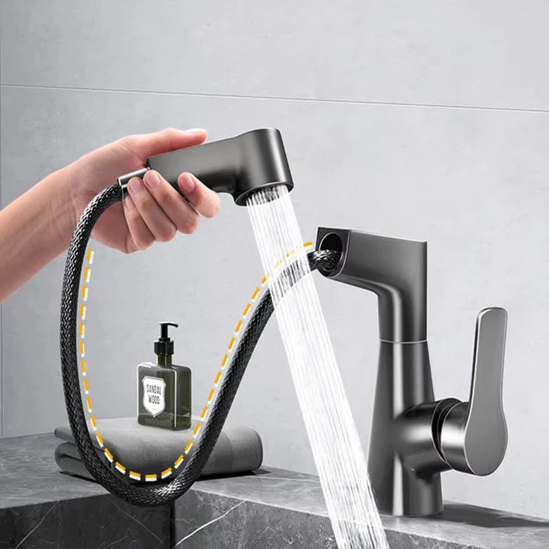 Pull-Out Brass Bathroom Basin Faucet Dual-Function Rotating Smart Water Tap