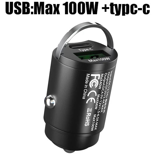 Mini 100W Car Charger – Dual USB & Type-C Ultra-Fast Charging