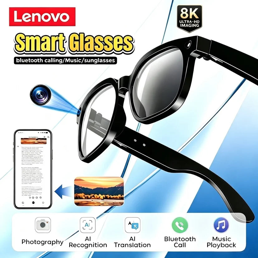 Lenovo 4K 8MP Smart Glasses | HD Camera, ChatGPT Integration, Language Translation, Wi-Fi & Bluetooth Audio Eyewear for Men and Women