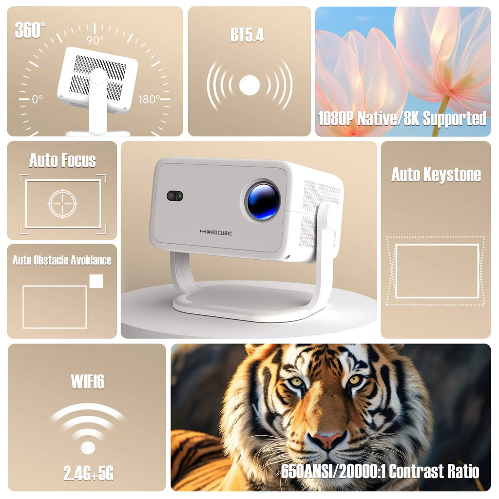Magcubic 1080P Native Projector | 650 ANSI Lumens, 8K Support, Android 14, Auto Focus & Keystone