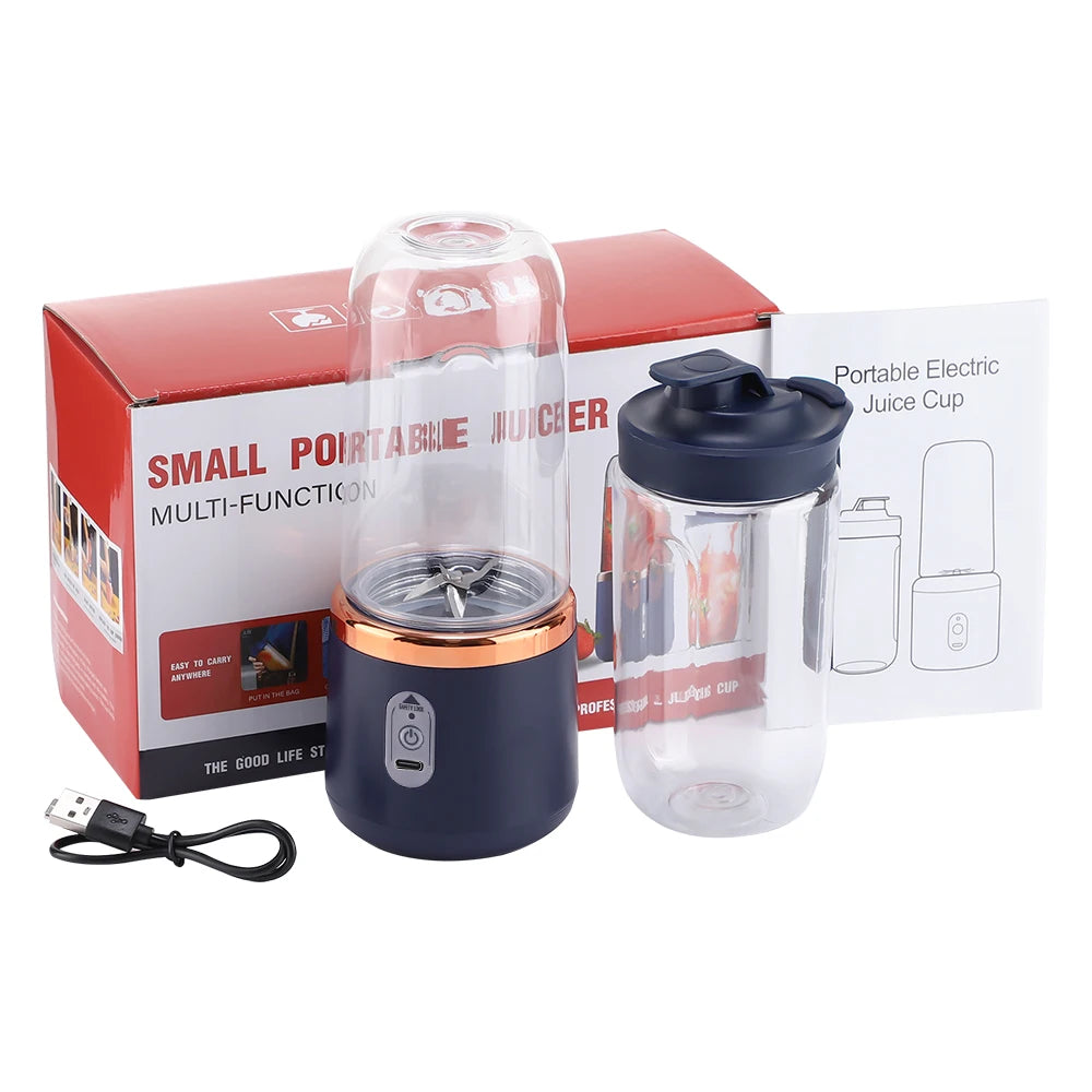 Portable USB Juicer Blender with 6-Bladed Steel Knife | Wireless Rechargeable Smoothie Maker with 2 Cups