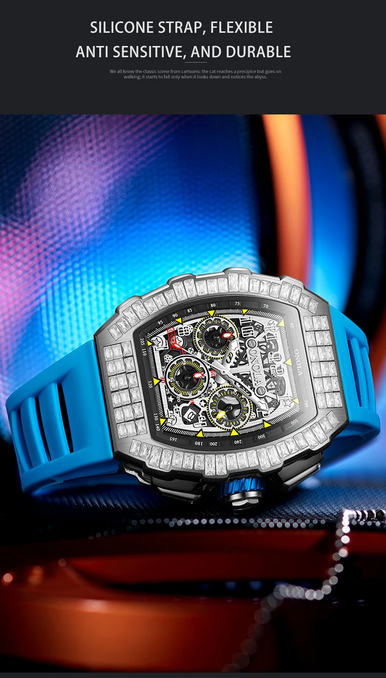 ONOLA Luxury Automatic Men’s Watch | Iced-Out Skeleton Dial Italian Design | Sport & Military Mechanical Wristwatch