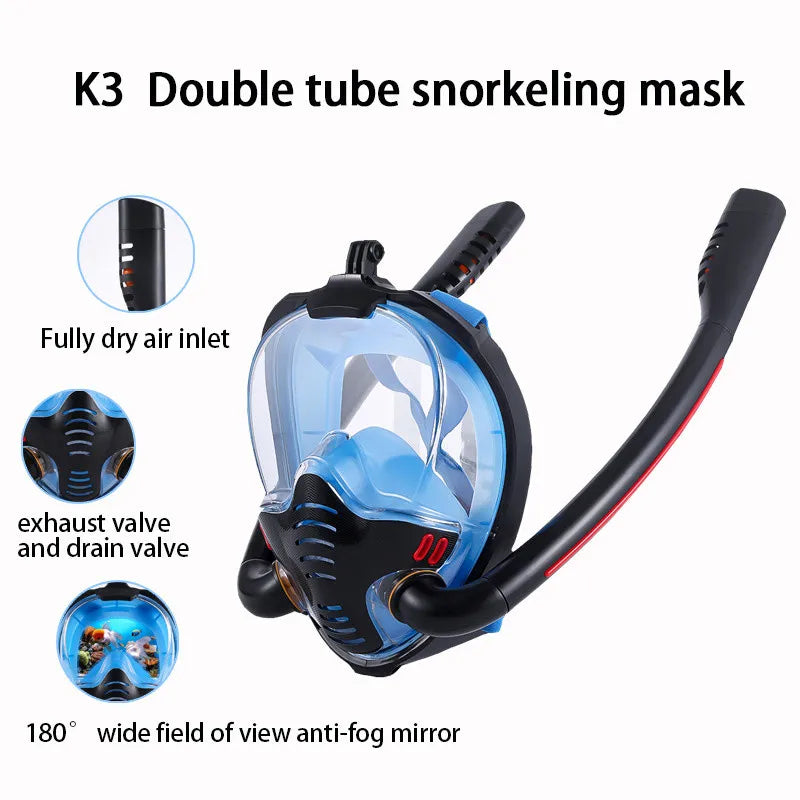 Full Dry Snorkel Mask with Dual Tubes – 180° Panoramic View Anti-Fog Diving Mask 🤿🌊