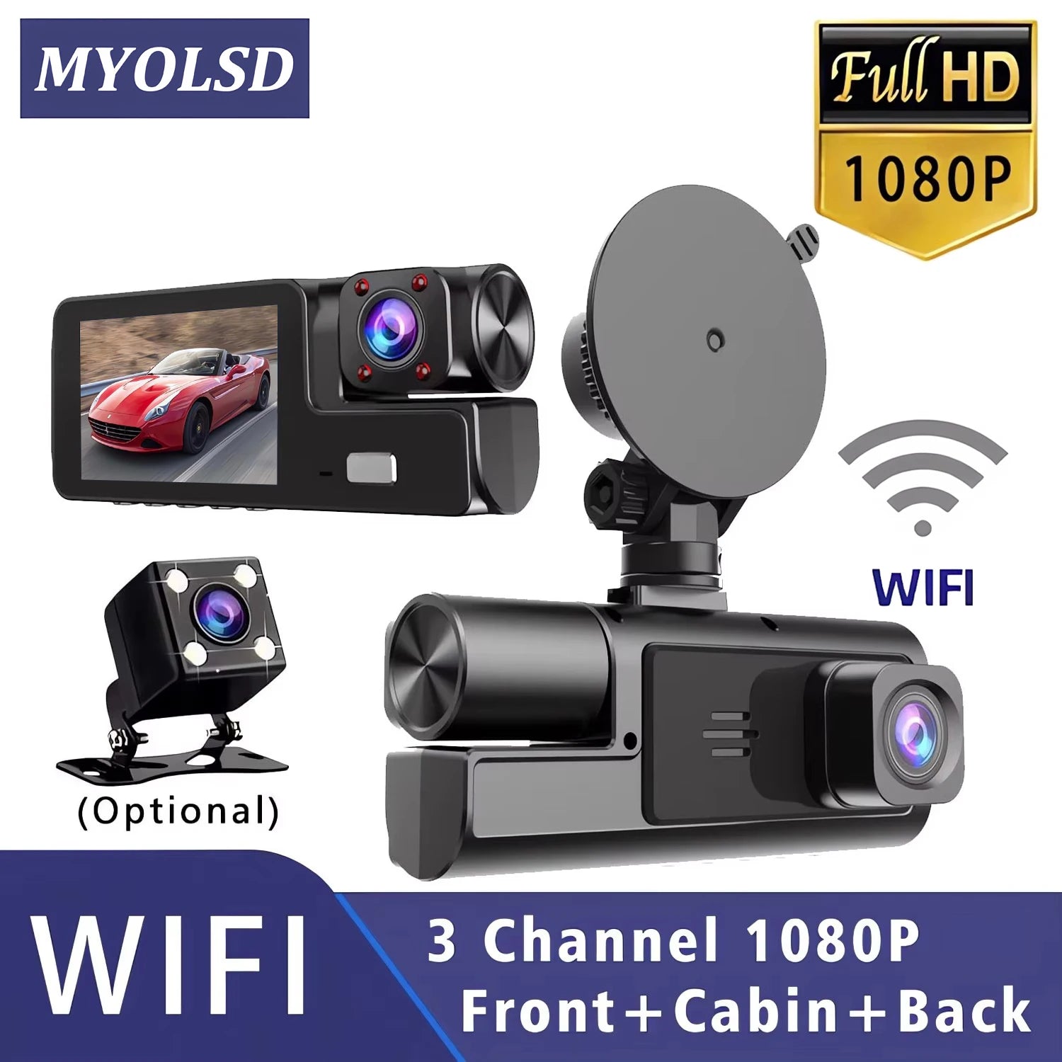 WiFi 3-Channel HD Dash Cam 1080P – Front, Cabin & Rear Coverage