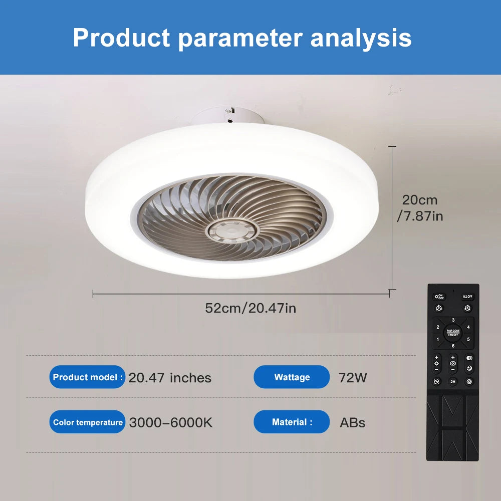 Smart Ceiling Fan with LED Light | Silent 52cm Invisible Blade Flush Mount Fan with Remote Control