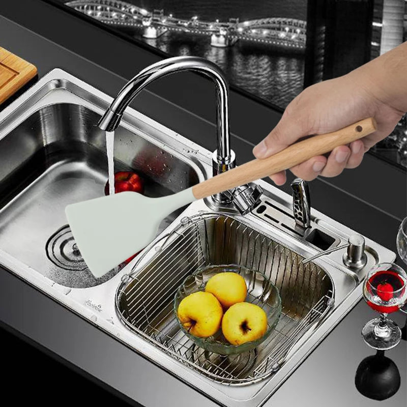 12PCS Silicone Non-Stick Kitchen Utensil Set with Wooden Handles