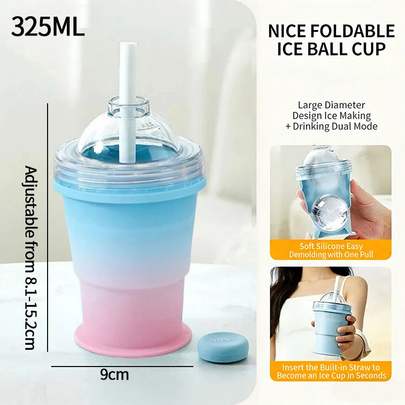 Portable 2-in-1 Folding Silicone Ice Ball Cup | Collapsible Ice Sphere Mold Water Bottle with Straw Lid