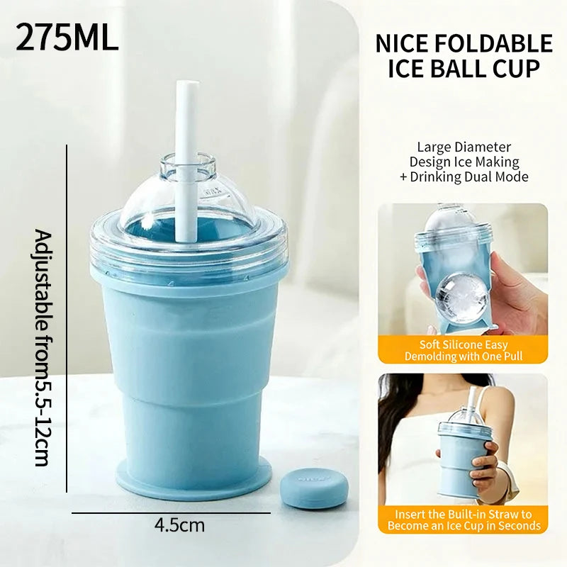 Portable 2-in-1 Folding Silicone Ice Ball Cup | Collapsible Ice Sphere Mold Water Bottle with Straw Lid