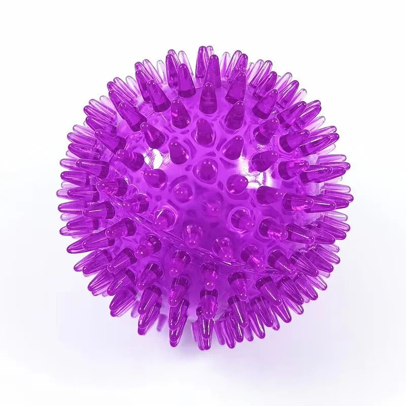 Durable squeaky spiked dog ball for teeth cleaning and play.