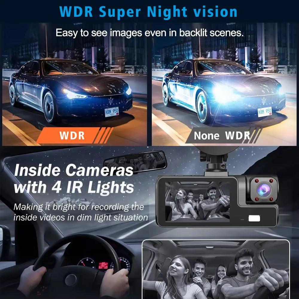 WiFi 3-Channel HD Dash Cam 1080P – Front, Cabin & Rear Coverage
