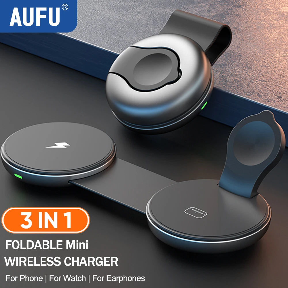 AUFU 3-in-1 Foldable Magnetic Wireless Charging Station | 15W Fast Travel Charger Stand