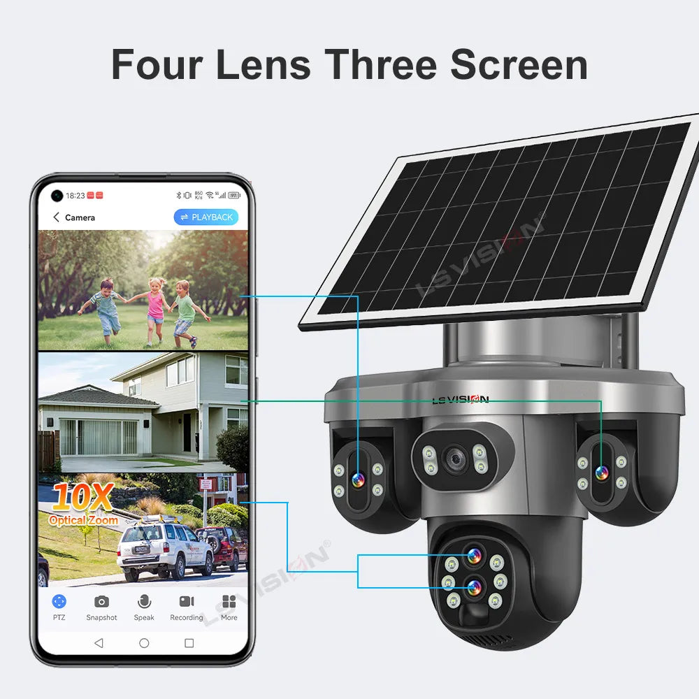 LS VISION 20MP 10X Optical Zoom Three PTZ Lens Solar Security Camera
