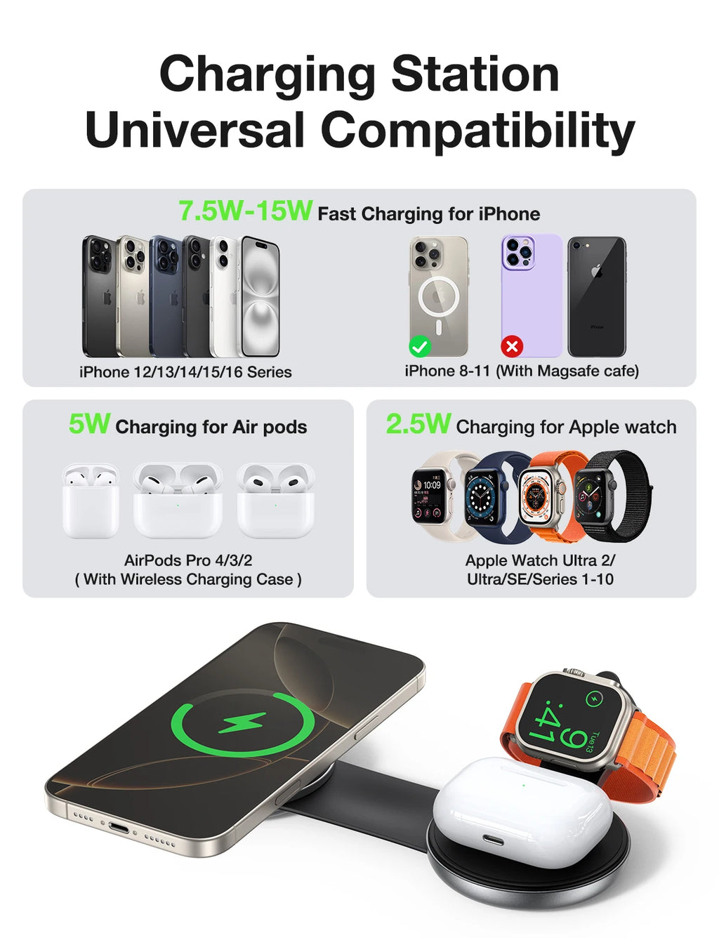 AUFU 3-in-1 Foldable Magnetic Wireless Charging Station | 15W Fast Travel Charger Stand