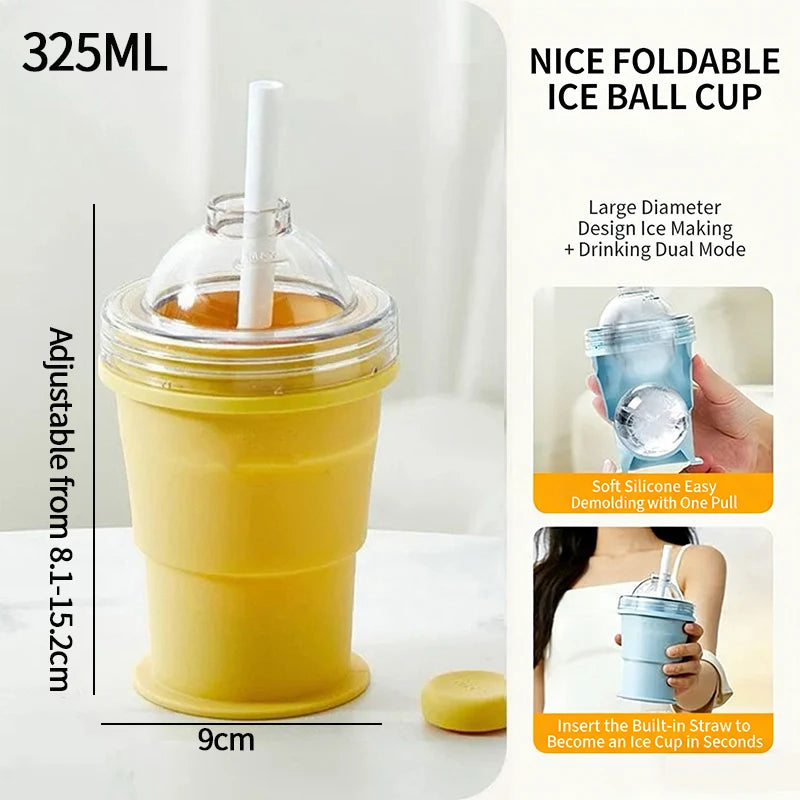 Portable 2-in-1 Folding Silicone Ice Ball Cup | Collapsible Ice Sphere Mold Water Bottle with Straw Lid