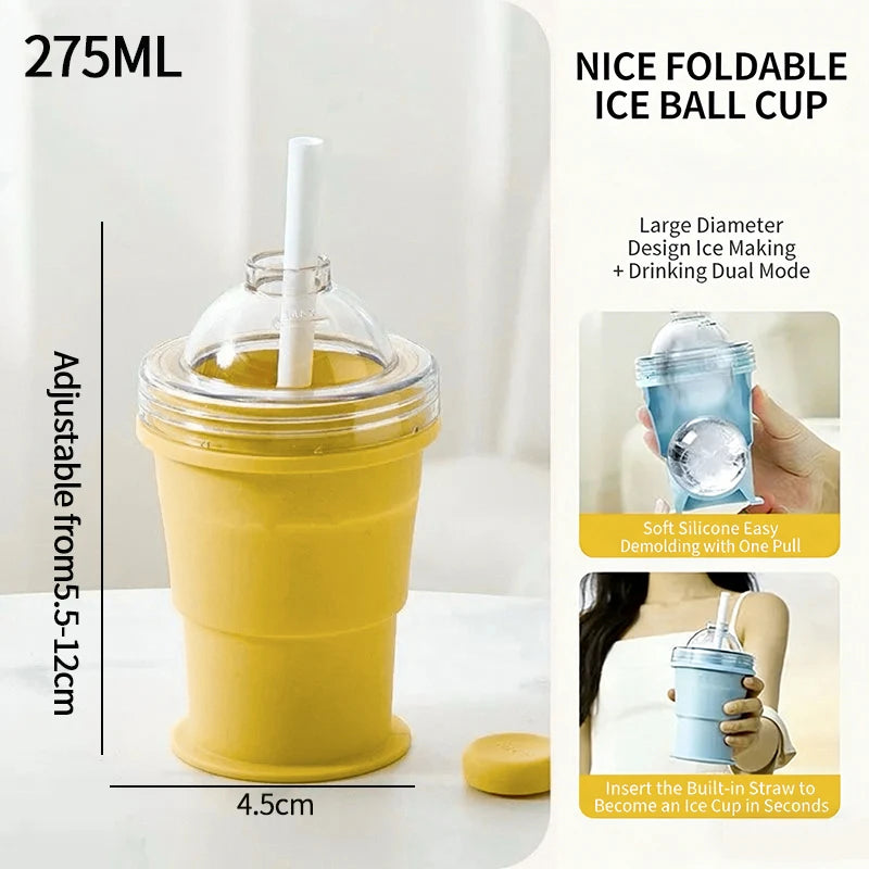 Portable 2-in-1 Folding Silicone Ice Ball Cup | Collapsible Ice Sphere Mold Water Bottle with Straw Lid