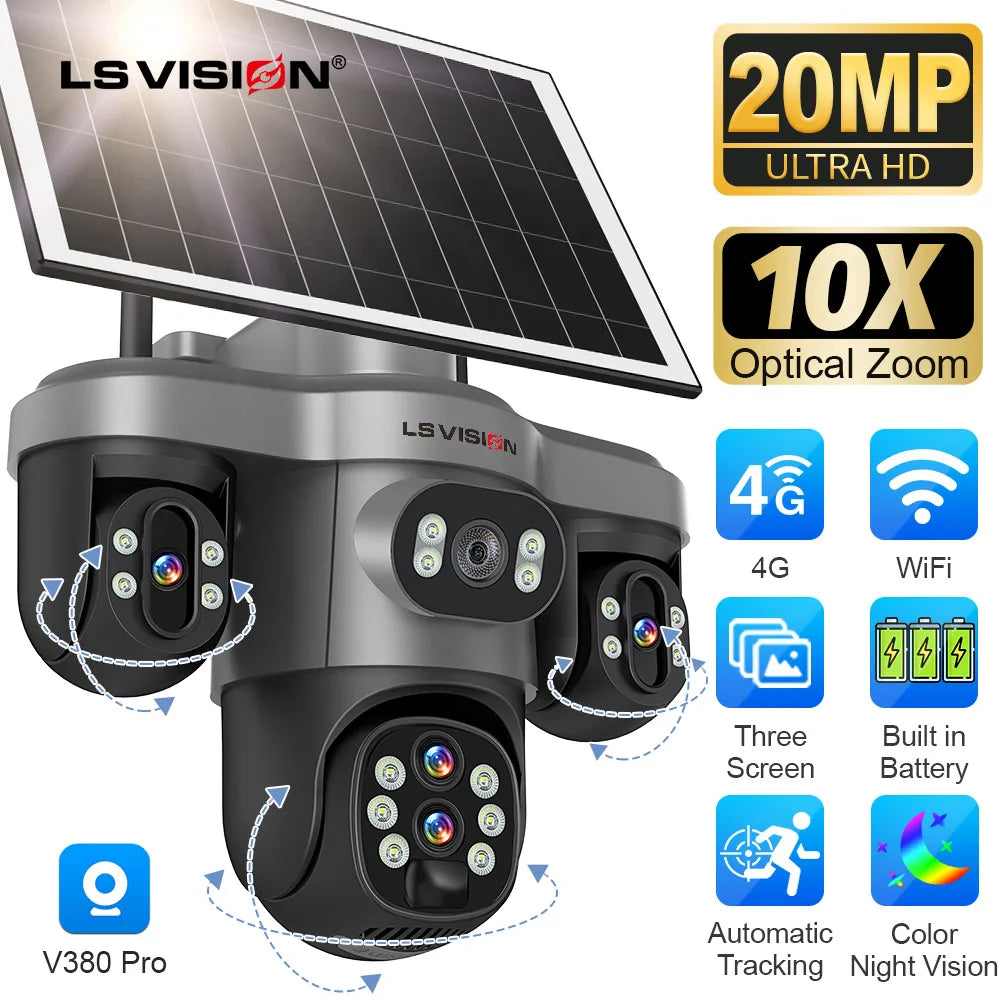LS VISION 20MP 10X Optical Zoom Three PTZ Lens Solar Security Camera
