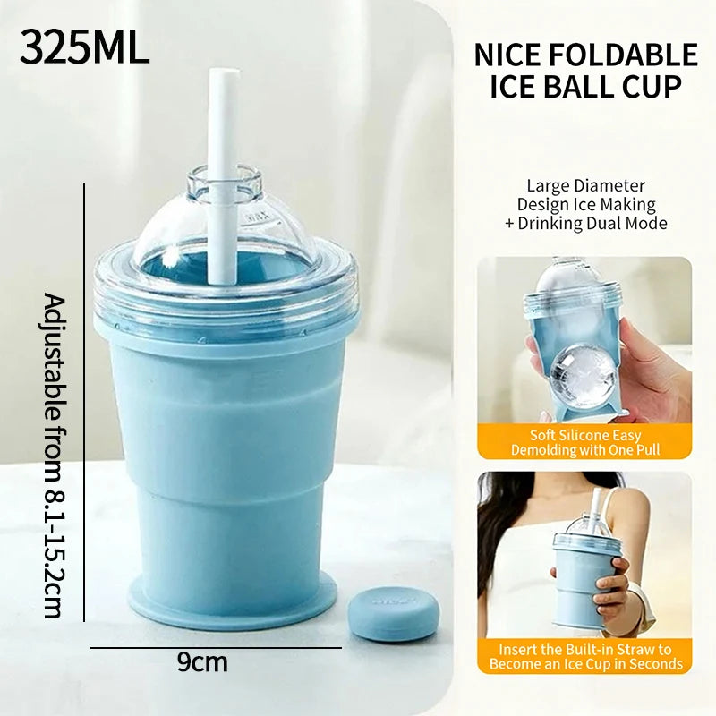 Portable 2-in-1 Folding Silicone Ice Ball Cup | Collapsible Ice Sphere Mold Water Bottle with Straw Lid