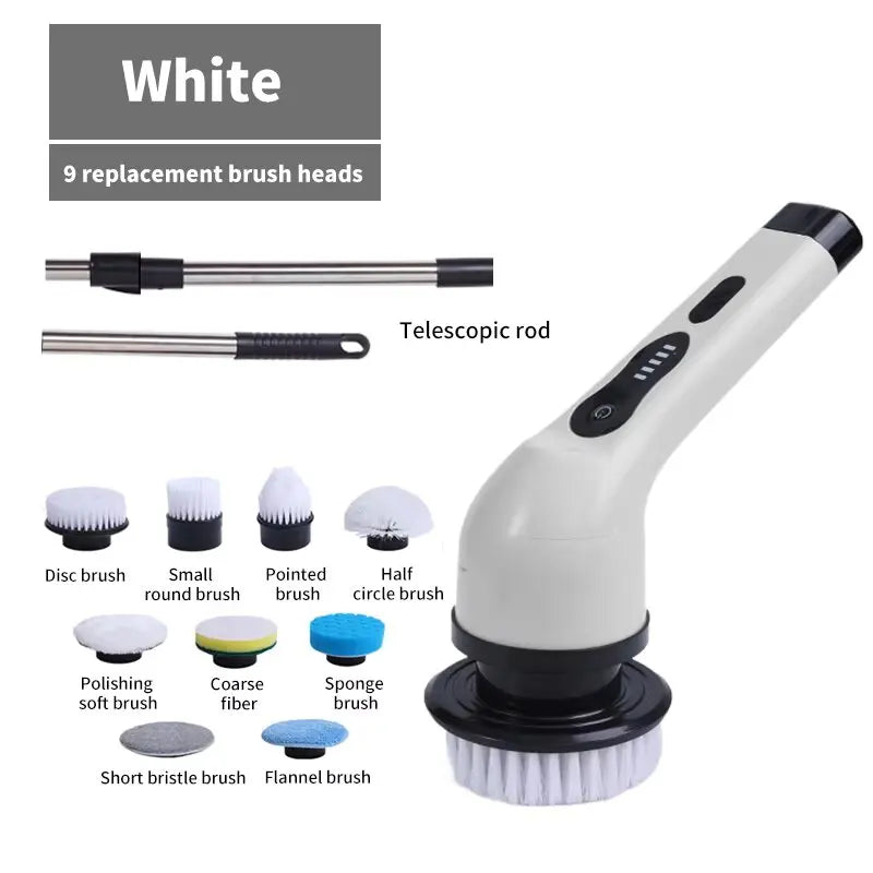 Multi-Function Electric Cleaning Brush – 9 Replacement Heads & Telescopic Rod