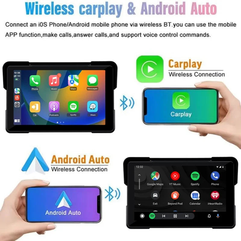 Jansite 5"/7" Motorcycle CarPlay & Android Auto GPS Monitor – IPX7 Waterproof DVR