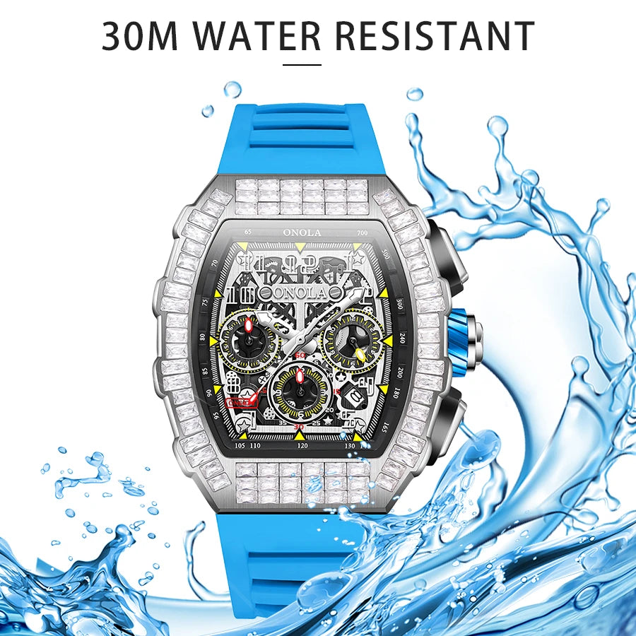 ONOLA Luxury Automatic Men’s Watch | Iced-Out Skeleton Dial Italian Design | Sport & Military Mechanical Wristwatch