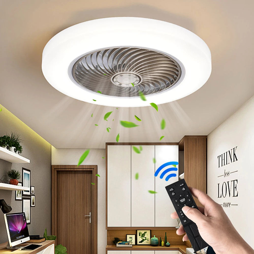 Smart Ceiling Fan with LED Light | Silent 52cm Invisible Blade Flush Mount Fan with Remote Control