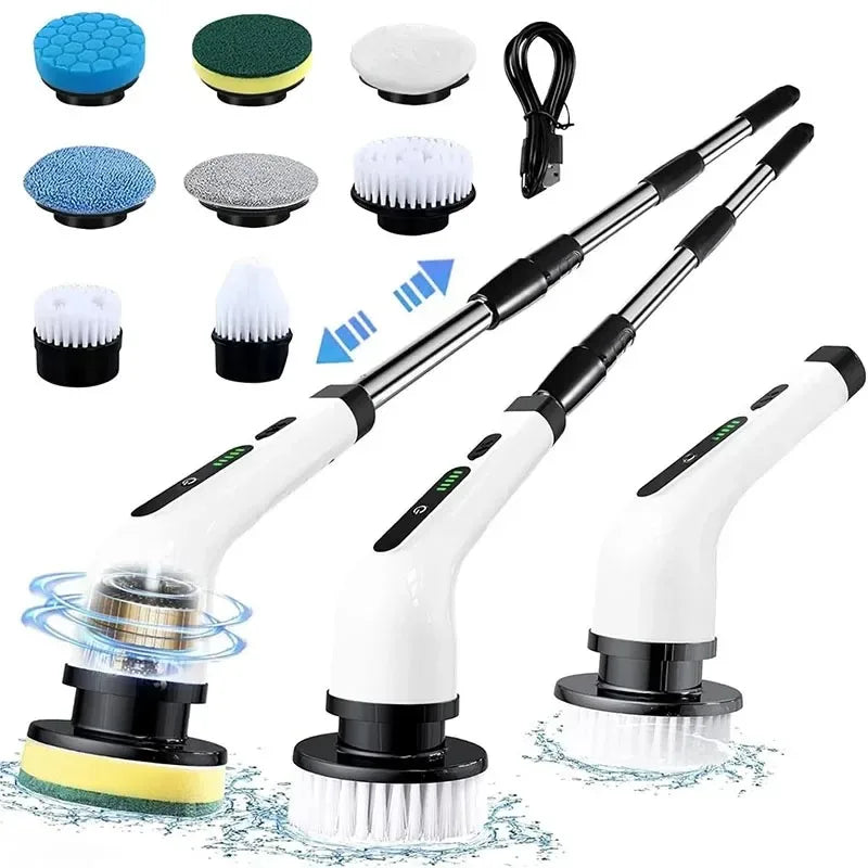 Multi-Function Electric Cleaning Brush – 9 Replacement Heads & Telescopic Rod