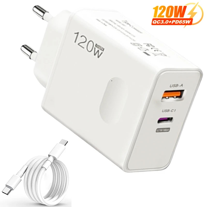 120W Fast Charger with USB Type-C PD Cable – Ultra-Speed Power Adapter