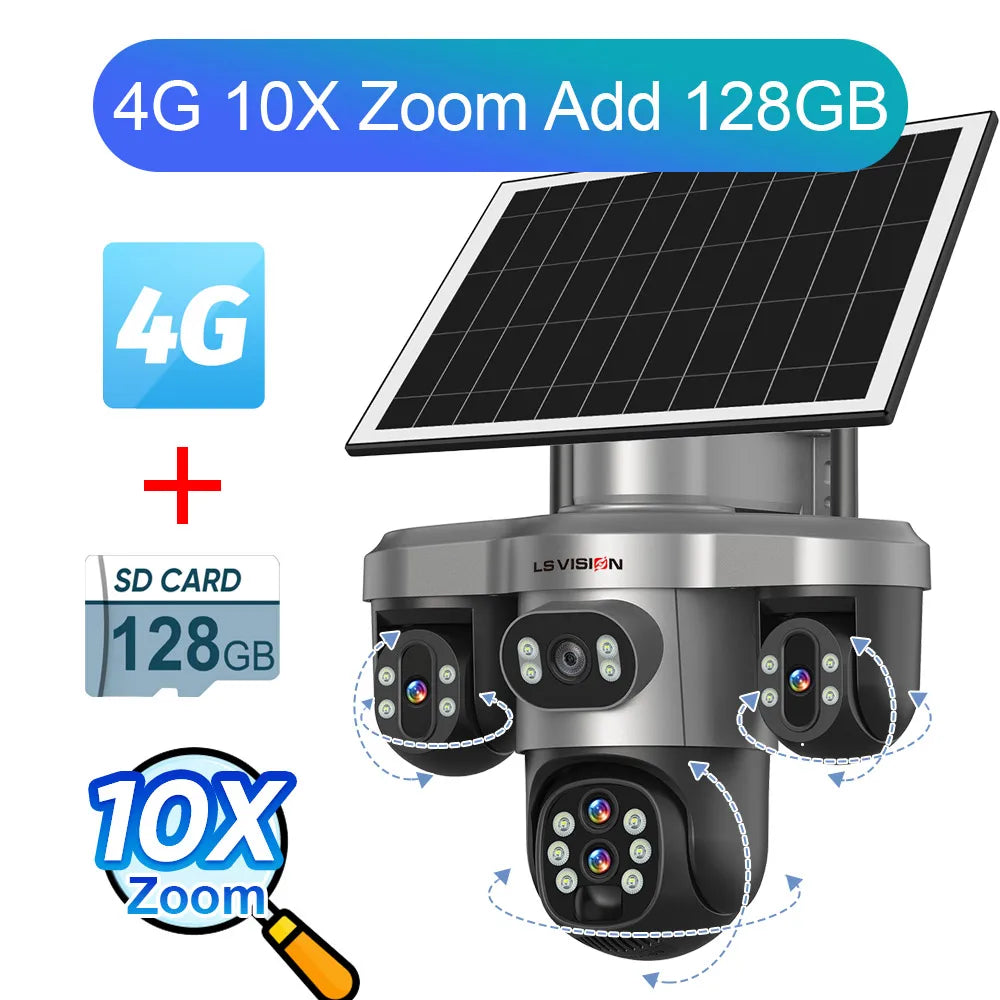 LS VISION 20MP 10X Optical Zoom Three PTZ Lens Solar Security Camera