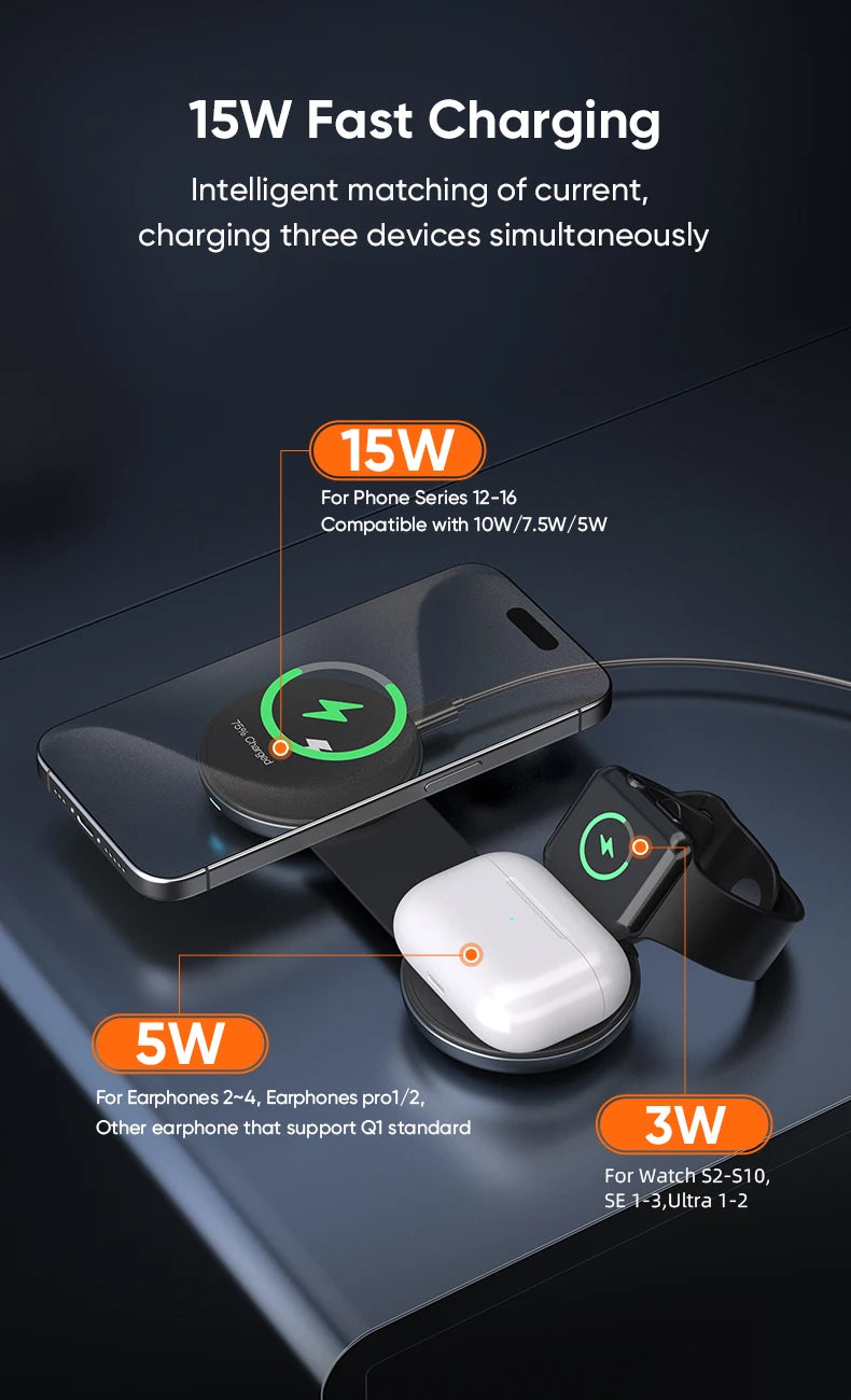 AUFU 3-in-1 Foldable Magnetic Wireless Charging Station | 15W Fast Travel Charger Stand