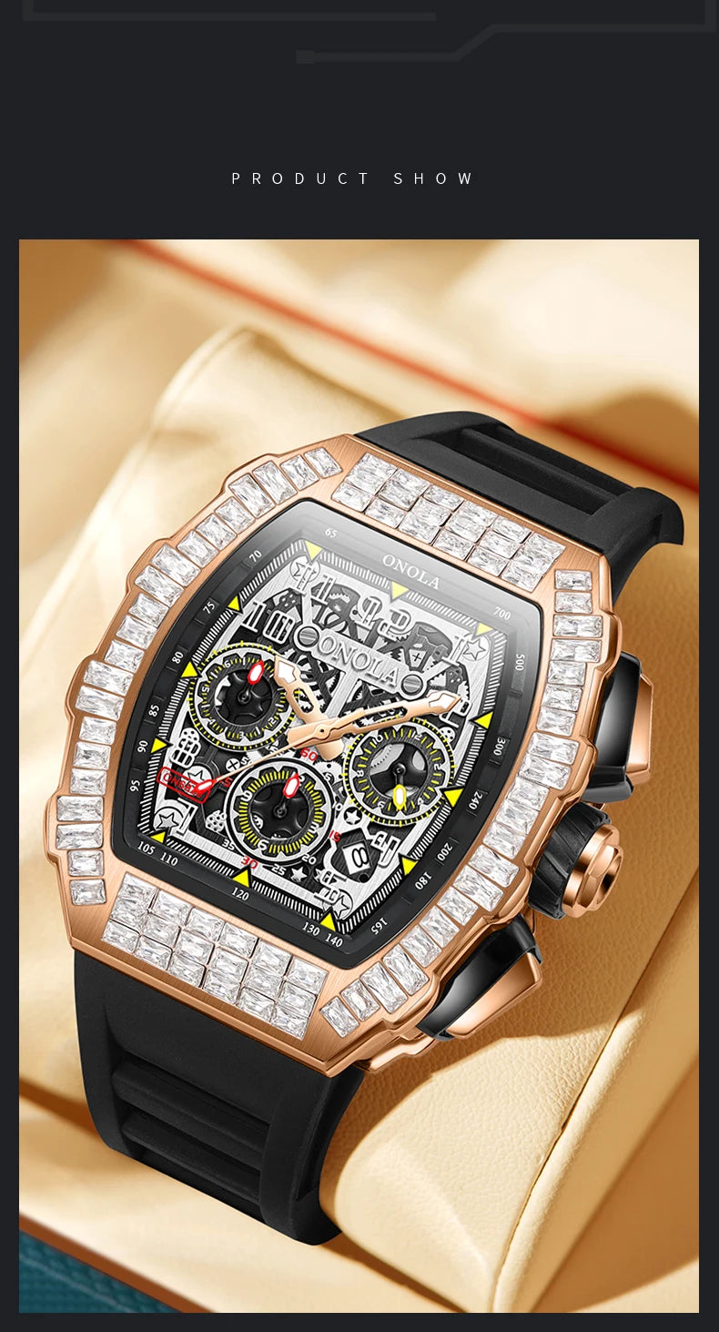 ONOLA Luxury Automatic Men’s Watch | Iced-Out Skeleton Dial Italian Design | Sport & Military Mechanical Wristwatch