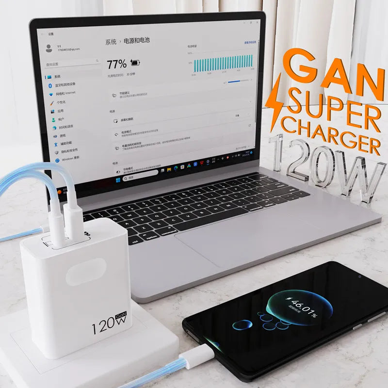 120W Fast Charger with USB Type-C PD Cable – Ultra-Speed Power Adapter