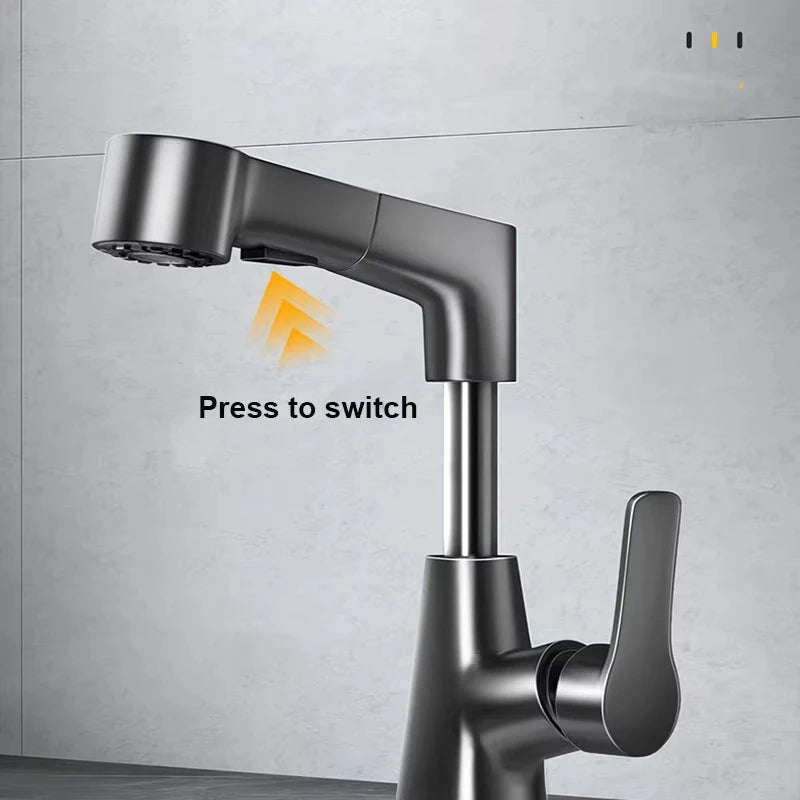 Pull-Out Brass Bathroom Basin Faucet Dual-Function Rotating Smart Water Tap