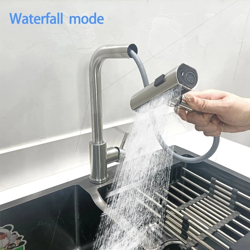Waterfall Kitchen Pull-Out Faucet 3-Mode Flexible Sink Mixer Tap Stainless Steel