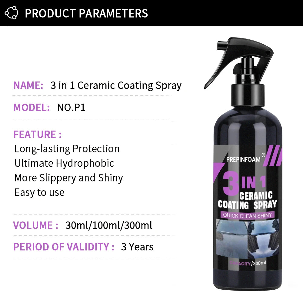 3-in-1 Car Ceramic Nano Coating Spray | Hydrophobic Paint Polish & High-Gloss Protection